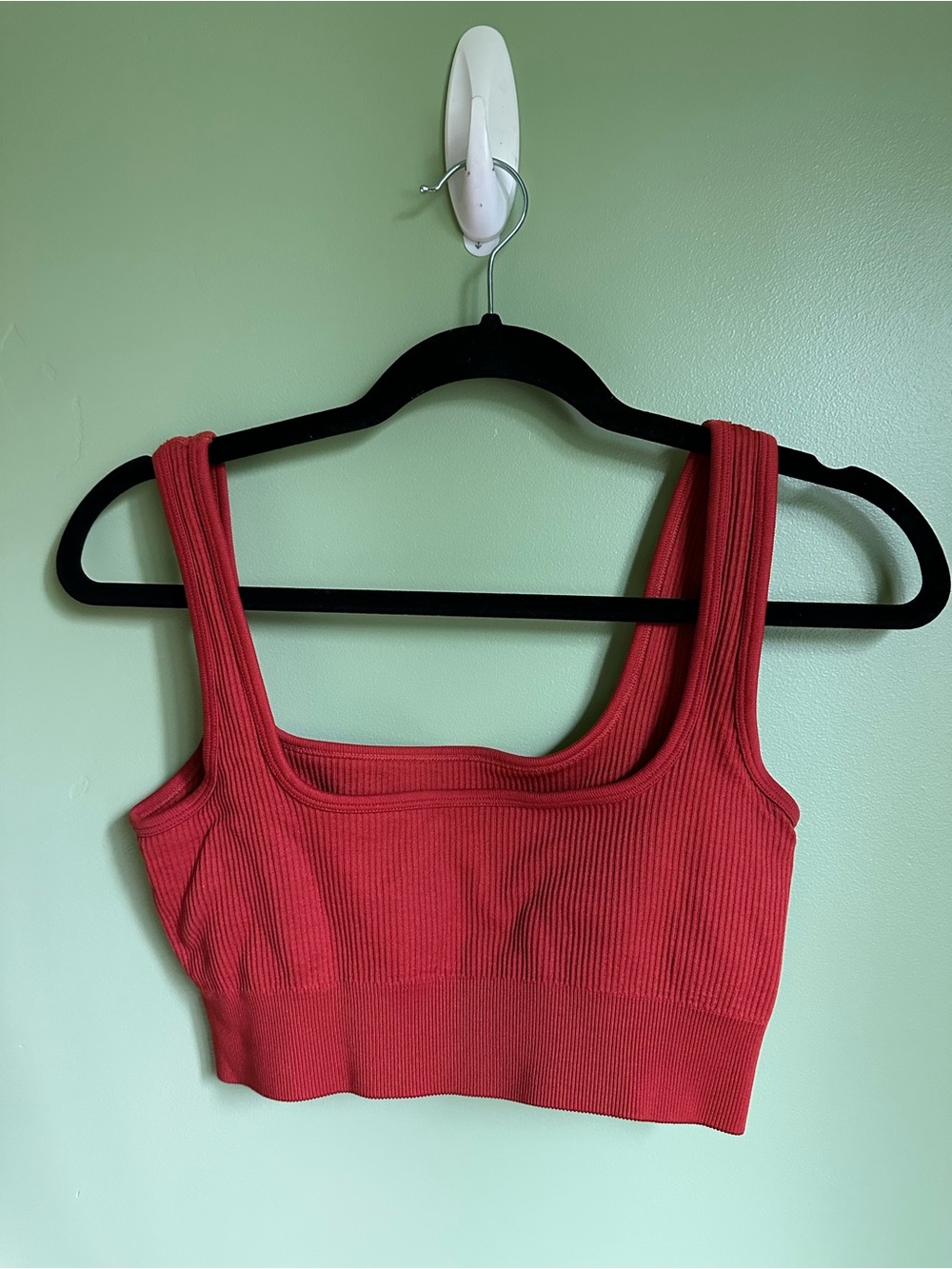 Ribbed Crop Tank Top Coral Red | Square Neck | Seamless Bralette Style